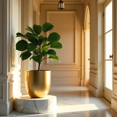 Elegant Entrance Hallway with Potted Plant and Natural Lightの写真素材