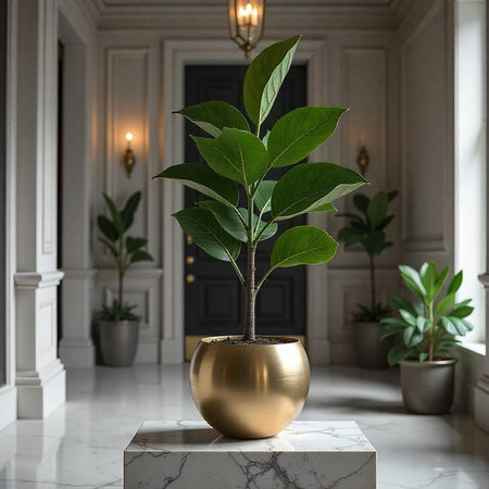Elegant Interior: Plant in Golden Pot on Marble Baseの写真素材