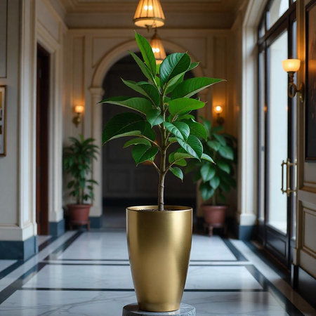 Ficus in a gold vase in the interior of the hotelの写真素材