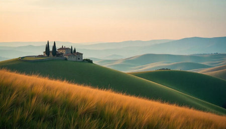 Rolling Tuscan hills with farmhouse at sunset light