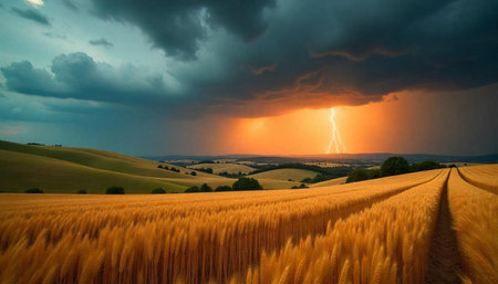 Wheat field under stormy sky with lightning strike visualの写真素材
