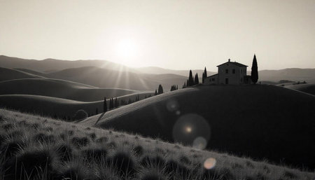 Tuscan landscape with farmhouse at sunrise in sepia tonesの写真素材