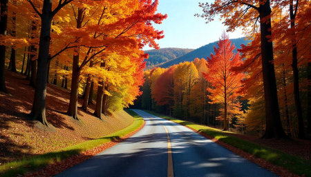 Scenic autumn road with colorful trees in landscape