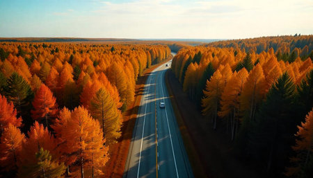 Autumn road with car surrounded by colorful forest treesの写真素材