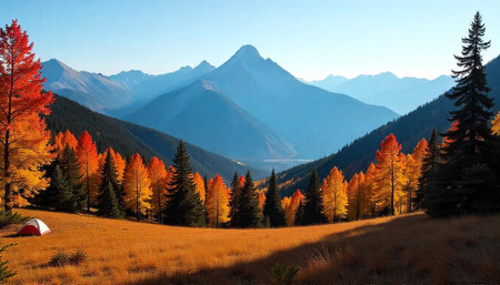 Autumnal mountain landscape with camping tent at the foreground