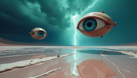 Surreal landscape with floating eyes and stormy skyの写真素材