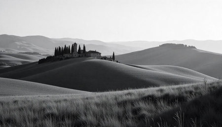 Monochrome Tuscan landscape with rolling hills and farmhouseの写真素材