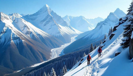 Hikers ascend snow-covered mountain trail with vast mountain backdrop