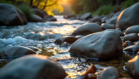 Sunlit river flowing over rocks reflecting golden lightの写真素材