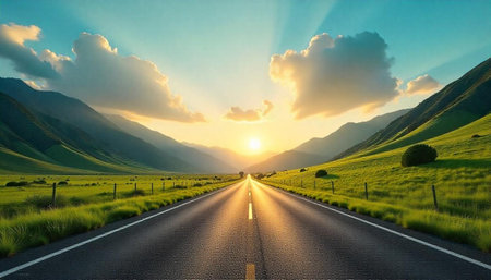 Scenic road at sunset leads through lush green landscape