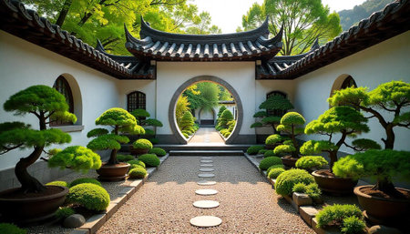 Serene Japanese garden with bonsai and circular gateway viewの写真素材