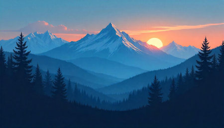 Mountain range at sunset with forest in foreground vectorの写真素材