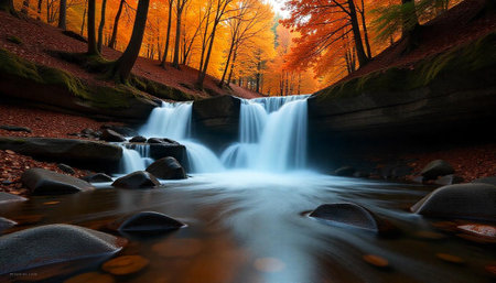 Autumn waterfall in forest with vibrant orange foliage landscape