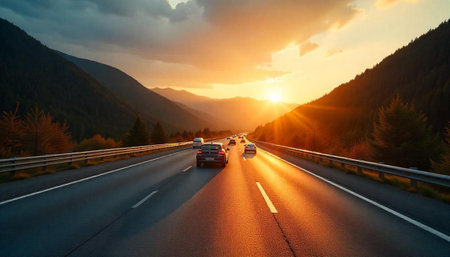 Cars driving along the highway at golden hour sunset
