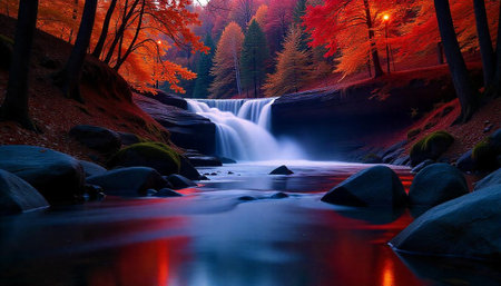 Autumnal Waterfall Landscape with Colorful Trees and River Rocks