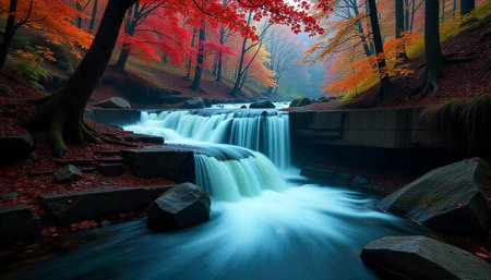 Autumn Waterfall in Forest with Red and Orange Leavesの写真素材