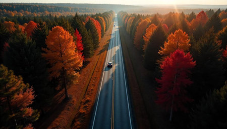 Autumn road cutting through forest on a sunny day