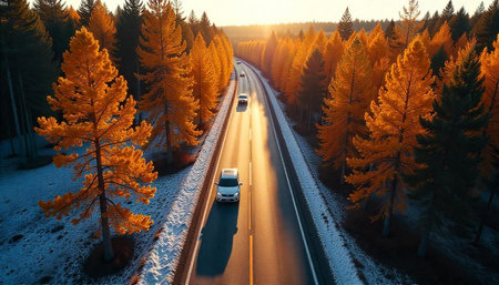 Autumn road trip through a golden forest landscape viewの写真素材