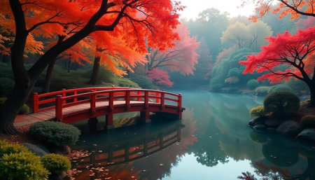 Autumn landscape with red bridge over tranquil lake watersの写真素材