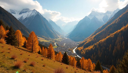 Scenic Autumn Valley View with Snow Capped Mountains