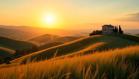 Tuscan farmhouse on rolling hills at golden hour sunsetの写真素材