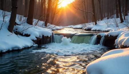 Winter landscape with stream and waterfall at sunriseの写真素材