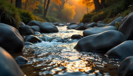 Stream flowing through rocks at sunset in golden lightの写真素材
