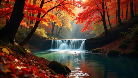 Autumn waterfall landscape with vibrant foliage and serene waterの写真素材