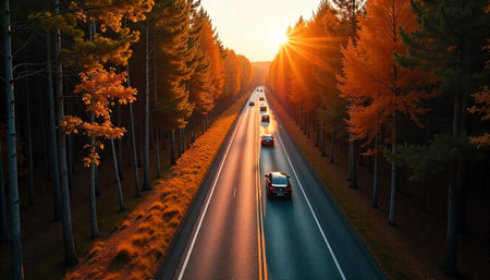 Cars driving down tree-lined highway at sunset in autumnの写真素材