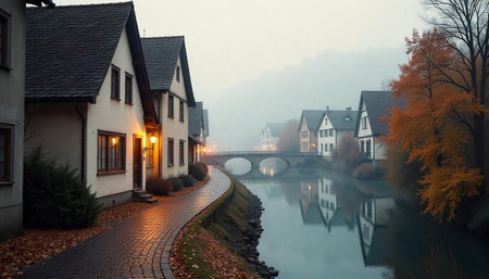 Foggy river scene with traditional houses and autumn foliage