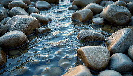 Smooth river stones and clear stream water flow detail
