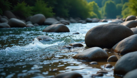 Peaceful river flowing over rocks surrounded by green treesの写真素材