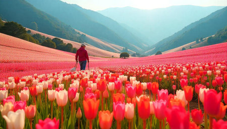 Lone walker in field of tulips against mountain backdropの写真素材