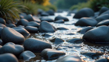 River stones in stream at sunset with golden lightの写真素材