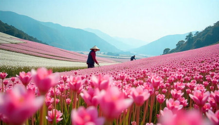 Farmers working in field of pink flowers with mountains