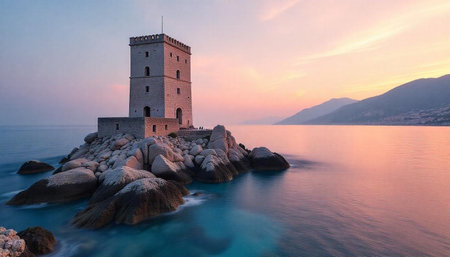 Coastal tower at dawn a tranquil seascape photographyの写真素材