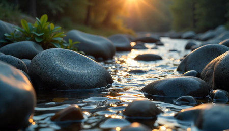 Sunlit river flowing over smooth rocks in natureの写真素材
