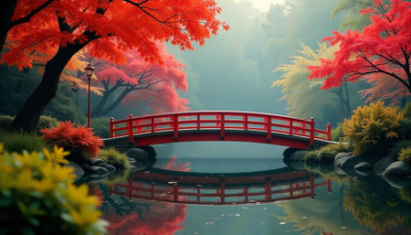 Red bridge in Japanese garden with colorful autumn foliage