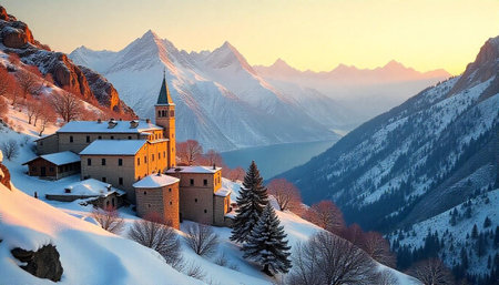 Idyllic snowy mountain village with alpine scenery at sunsetの写真素材