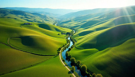 Rolling green hills with river and light aerial viewの写真素材