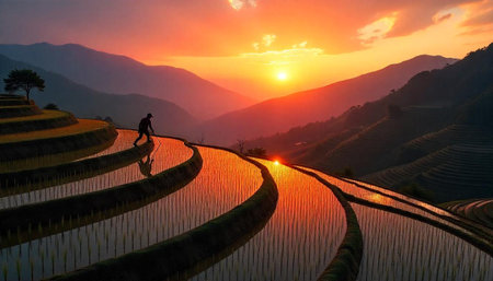Rice Terraces Reflection with a Farmer at Sunsetの写真素材