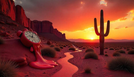 Surreal desert landscape with melting clock and cactus at sunset