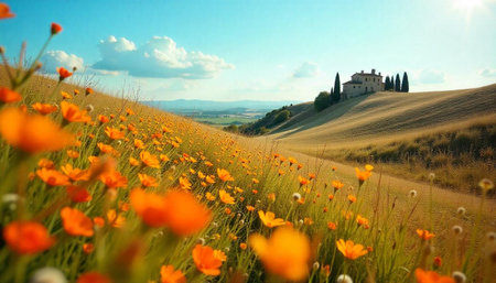 Picturesque Tuscan Landscape with Orange Flowers and Stone Villaの写真素材