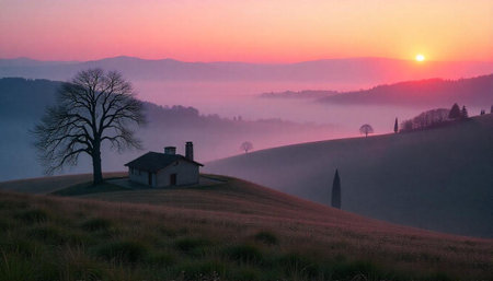 Tuscan landscape with house and tree at sunriseの写真素材