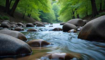 Tranquil stream flowing over smooth rocks in lush forestの写真素材