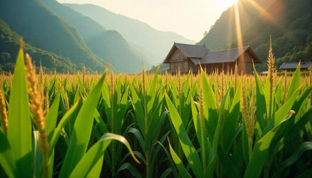 Cornfield landscape with wooden house and mountain backgroundの写真素材