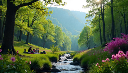 Family picnic by a stream in vibrant green landscape