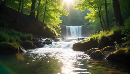 Peaceful waterfall scene in the forest with sunlightの写真素材