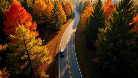 Autumn road with colorful trees and a lone carの写真素材