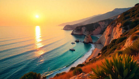 Seascape view of tranquil turquoise water at sunsetの写真素材